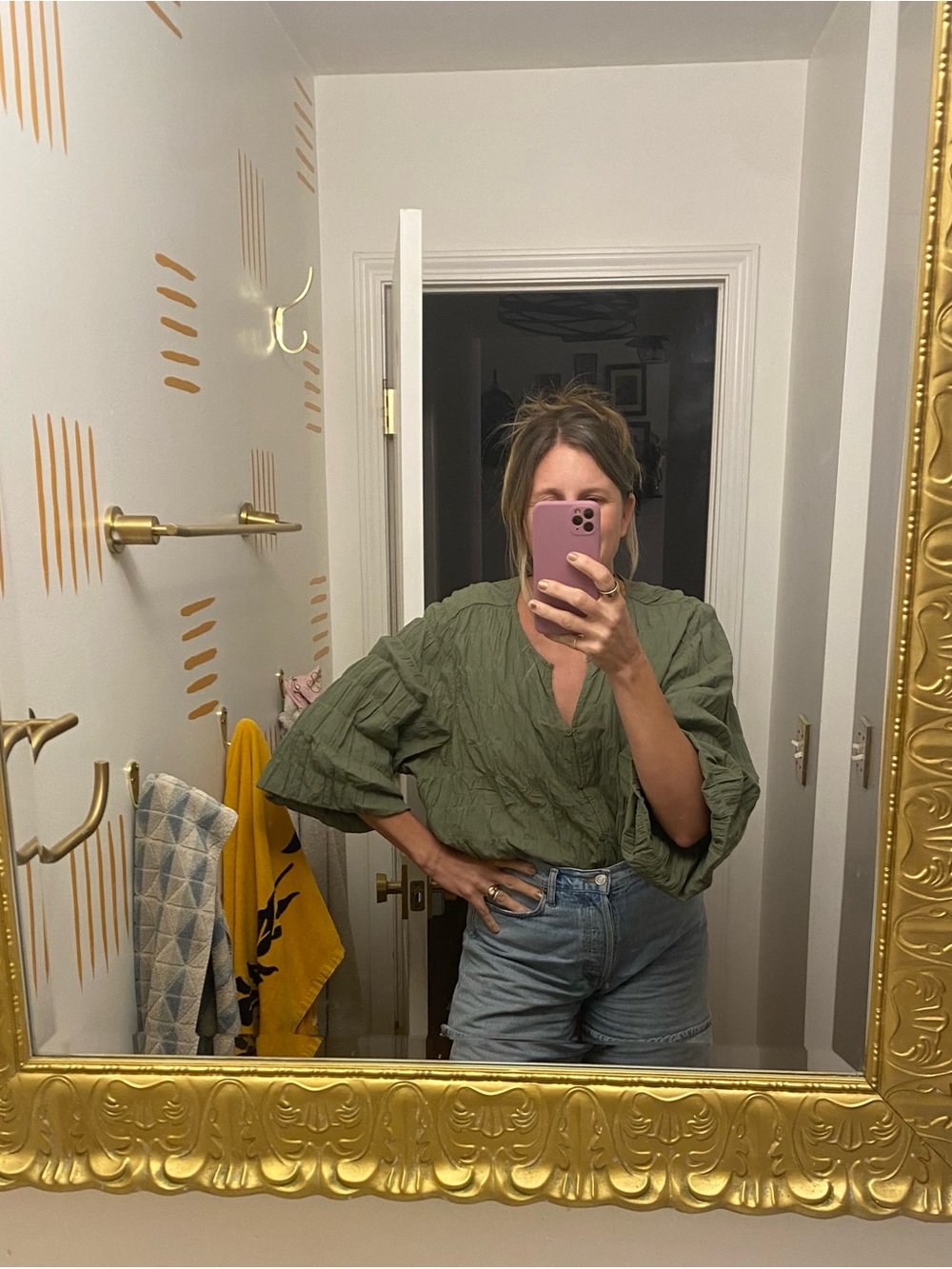 Olive Green Crinkle/smocked V-Neck Balloon Sleeve Top